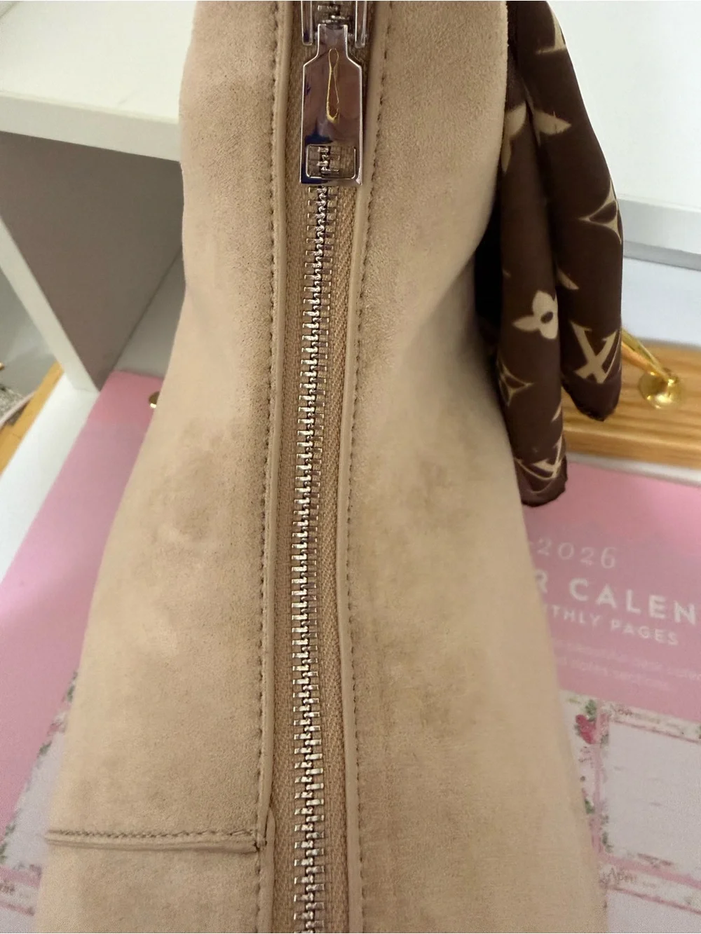 Suede Crescent Shoulder Bag in Beige